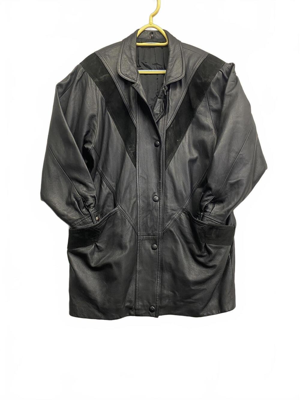 Vintage Italy Fiocchi Black Leather Womens Long Coat with Suede Accents Size M
